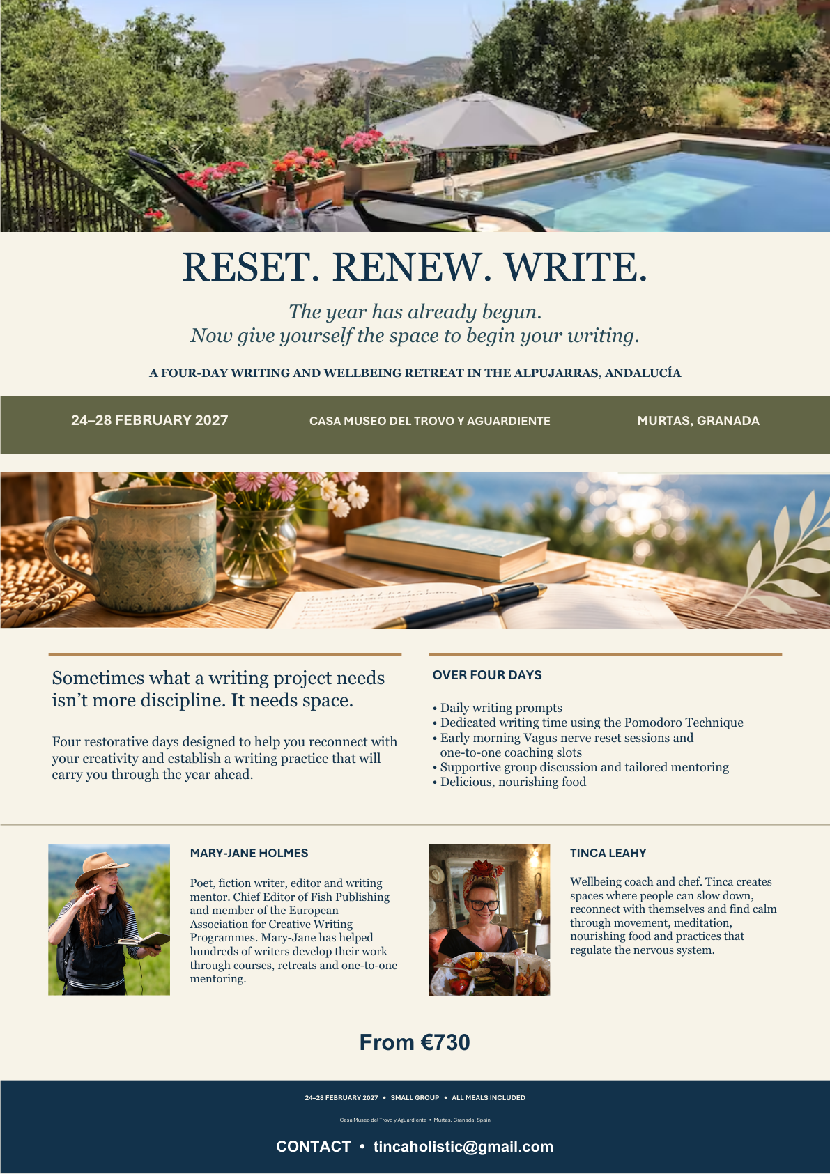 Reset. Renew. Write. four-day writing and wellbeing retreat in Murtas, Granada, 24–28 February 2027